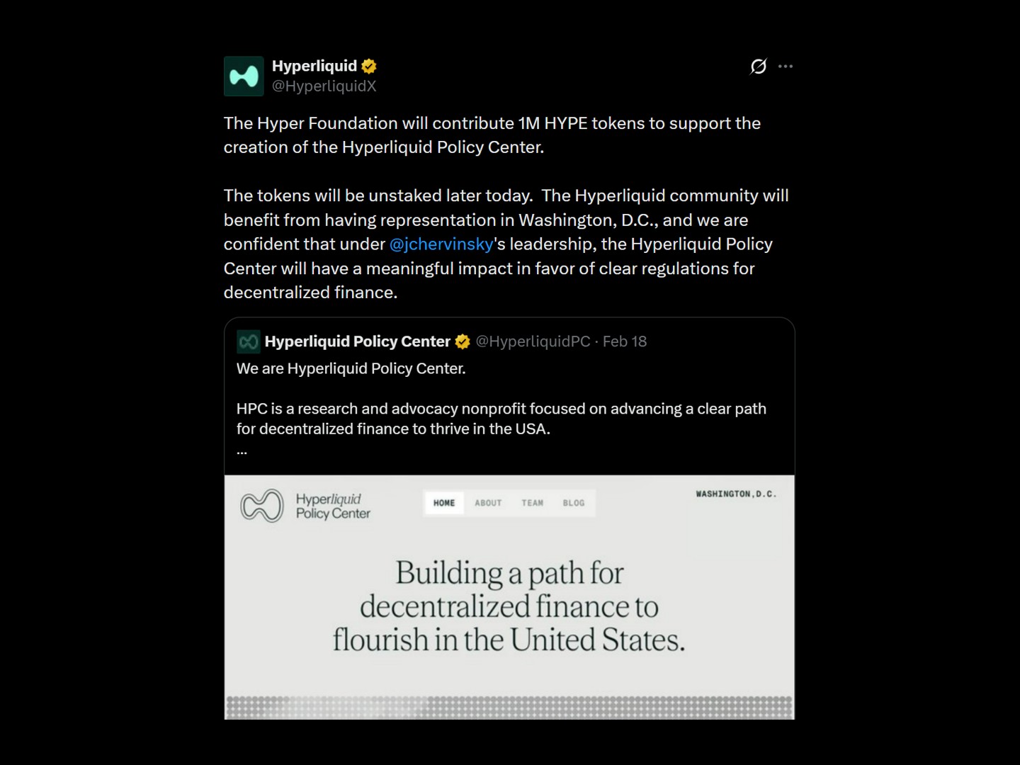 One of Hyperliquid’s X posts about its Policy Centre. Source: X